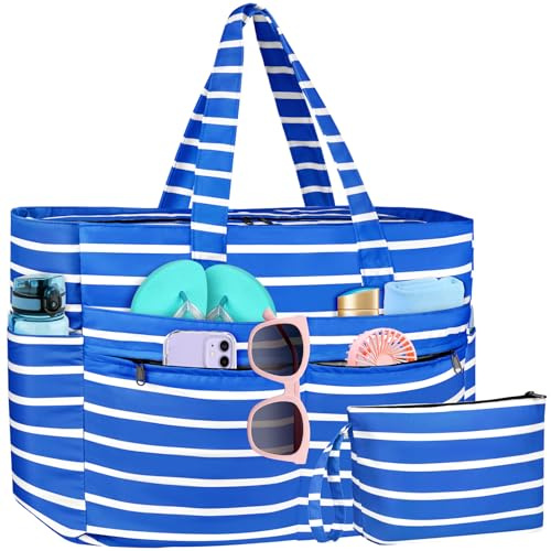 WACCET Strandtasche XXL Familie, Große Wasserdichte Strandtasche Damen mit Reißverschluss, Faltbare Leichte Badetasche Damen mit Mehreren Taschen Beach Bag Tote Bag für Strand, Reisen, Urlaub, Pool.