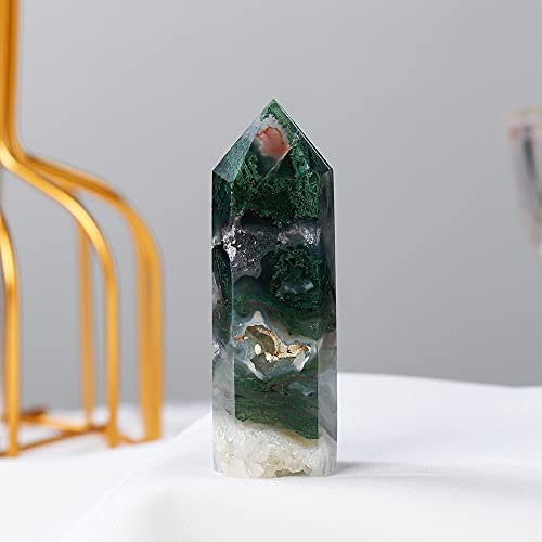 CZAOINCU Pierre de Cristal Naturel, Plante d'eau Verte, Agate, Pointe de Cristal, Mousse, Cristal, Colonne hexagonale, Ornements, 1 pièce Collecte à Domicile