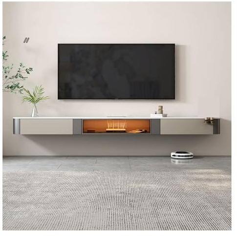 TV-Schrank Ultradünner schwebender LED-TV-Ständer, 78,7''/86,6''/94,4'' wandmontiertes Entertainment-Center for unter dem Fernseher, moderner TV-Ständer, Regal-TV-Schrank mit Rock-Table-Tischplatte Fe