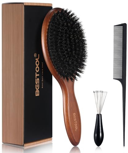 BESTOOL Brosse à cheveux en poils de sanglier pour femme, homme et enfant, pagaie de hêtre, poils naturels pour cheveux fins, amélioration de la texture (hêtre)