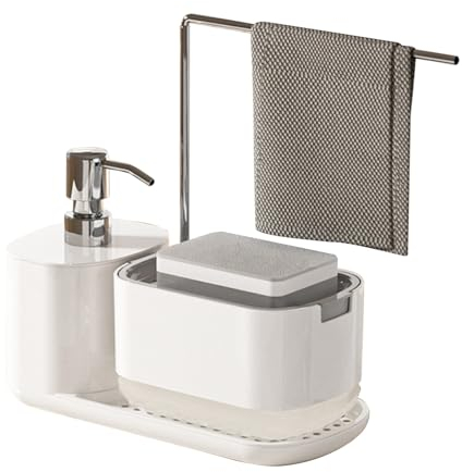 Gevvnss Spülbecken Organizer,Spülmittelspender Küche Set mit Tablett und Handtuchhalter,3 in 1 Seifenspender Küche Schwammhalter,Spülorganizer Weiß Geeignet für Küchenspüle