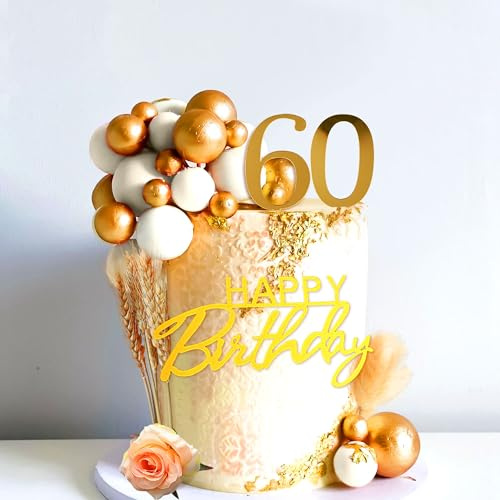 JeVenis White Gold Happy 60th Birthday Cake Topper | Golden 60th Birthday Cake Topper with Balls and Sign for Party Supplies