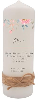 Milaboo Trauerkerze personalisiert 20 × 8 cm – Gedenkkerze mit Band & Schleife – Erinnerungskerze zum Andenken an Verstorbene – Motiv Blume