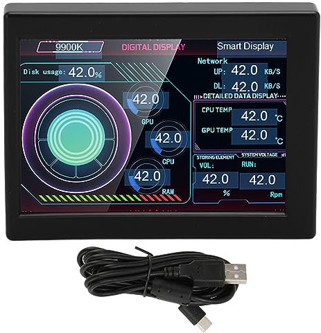 Computer-Temperaturmonitor, 3,5 Zoll IPS Typ C, stufenloses Dimmen, rotierender Themeneditor, PC-CPU-Datenmonitor, USB-C-PC-Temperaturanzeige für Desktop-Gehäuse (Schwarz)