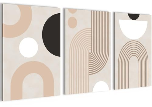 Novart Bilder Set Abstrakt geometrische Figuren - Kein Extra Rahmen benötigt - Wandbilder für Wohnzimmer Schlafzimmer Flur - 3 Teilig Deko Beige Schwarz - N035136a