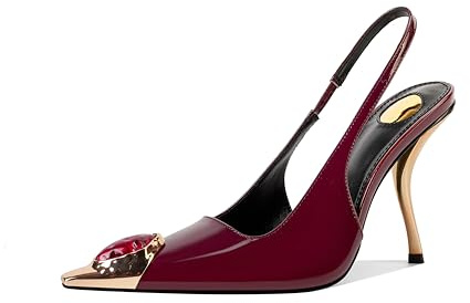 CAGLGLZ Women's Slingback Stiletto High Heels Crystal Metallic Closed Pointed Toe Pumps Patent Leather Slip on Elastic Strap Heeled Sandals Fashion Party Dress Shoes for Women, Burgundy, 6 UK