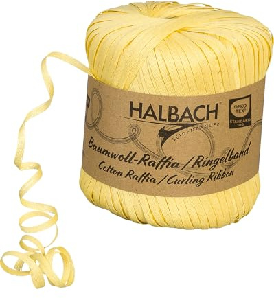Halbach Baumwoll-Ringelband, 4 mm x 100 m, gelb | Ringelband aus 100 % Baumwolle mit Öko-Tex zertifizierung, Baumwoll-Raffia zum Ringeln und Einpacken von Geschenken