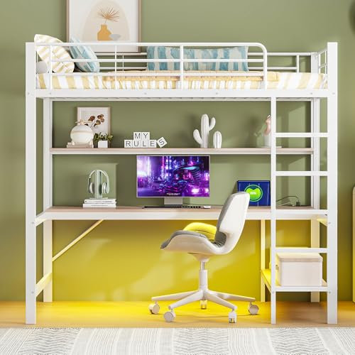 YESGIGA Lit mezzanine, balustrade, escabeau, avec USB et prise, lumière d'ambiance télécommandée, bureau, étagère à plusieurs étages (blanc, 90 x 200 cm)