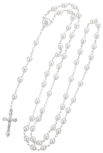 DWFEYOI Rosario católico, rosario para comunión con cruz retro, elegante cruz, bautizo, comunión, boda, comunión, fiesta (Blanco)