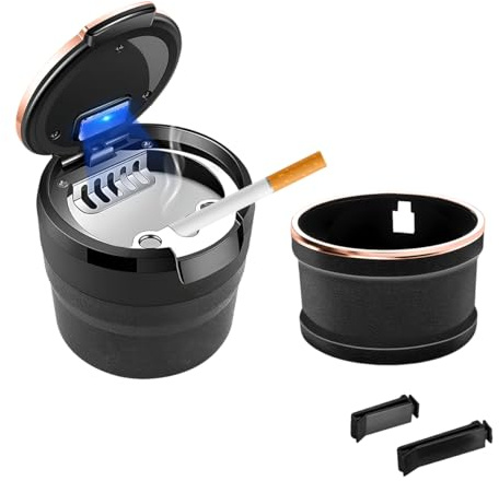 ZNDAW Car Ashtray with Lid, Detachable Auto Smokeless Ash Tray with LED Blue Light, Portable Ashtray for Vehicle Cup Holder and Air Vent Home Office, Interior Car Accessories (Black & Rose Golden)