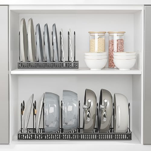 FANFX Pots and Pans Organiser, Expandable Pans Organiser Rack with 10 Adjustable Dividers, Kitchen Cupboard Storage for Pots, Pans, Chopping Board, Baking Trays, Kitchen Accessories(Black)