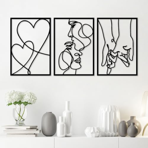 Tutamaz 3 Stück Wanddeko Metall Schwarz Minimalistische Wanddekoration aus Metall, Moderne Wandornament Heimdekoration, Liebhaber, Kuss, Hand, Metäll-Wanddekoration für Schlafzimmer, Wohnzimmer, Büro