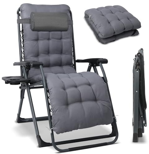 Homecall Liegestuhl Klappbar Gartenliege Sonnenliege Wetterfest mit Kissen Verstellbare Rückenlehne Zero Gravity Chair Relaxliege Bis 180 KG für Garten Terrasse Balkon XXL (1, Dunkelgrau)