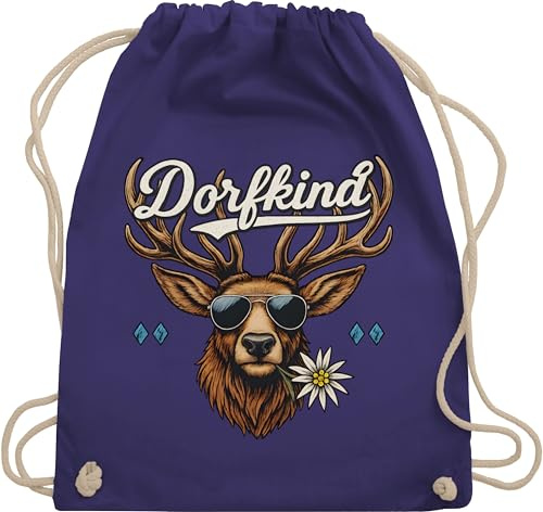 Turnbeutel Rucksack - Kompatibel mit Oktoberfest Tasche - Dorfkind Hirsch Edelweiß - bayrisch Trachten - Unisize - Lila - trachtenrucksack bayrische trachtentaschen bayern oktoberfest-tasche