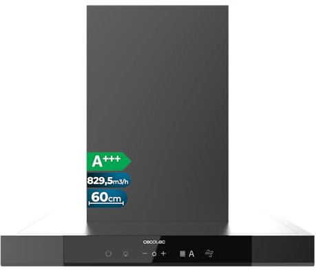 Cecotec Campana Extractora En forma de T 60 cm Bolero Flux TT 609500 Slim Dark Inox A+++. Succión 829,5 m³/h, Hand Movement Control y Doble Booster, Filtros Lavables, Clase A+++, Heat Sensor