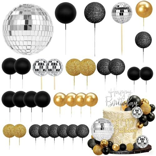QingWing 33 piezas Bola de decoración para tartas, Decoración de tarta disco, Decoraciones de bolas de espuma para pastel de oro y negro, para fiestas de cumpleaños y bodas