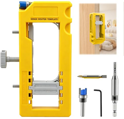 XPJBKC Door Hinge Jig, Door Hinge Jig for Router, Plastic H-Inge Router J-ig, Sturdy Adjustable D-oor Lock Installation Kit fits 3”to 5” Length and 1/4” or 5/8” Thickness(Yellow)