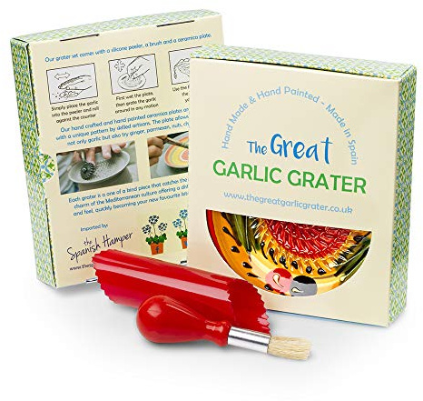 Garlic Grater Plate Set with Brush and Peeler. (#Ref 6). Orange Plate with Red Circle and Rim. Olive Pattern. Handmade and Hand Painted in Cordoba, Spain.