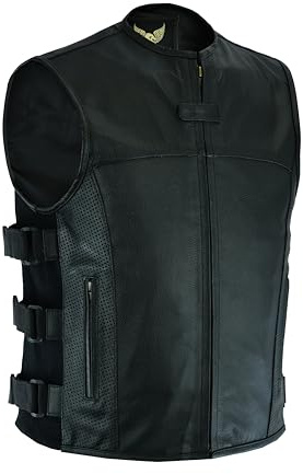 Leatherick Chaleco tipo de cuero de motociclista de grano superior estilo táctico Warrior para hombre con bolsillo profundo y paneles de bolsillo perforados