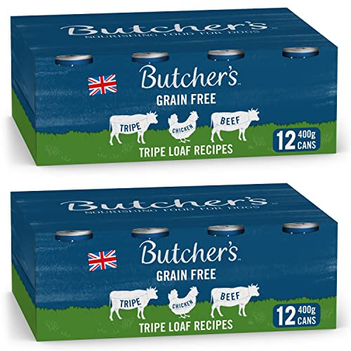 BUTCHER'S Wet Dog Food Tin Cans Grain Free Tripe Loaf Pate Recipes 9.6kg (24 x 400g) | Grain Free for Sensitive Stomachs - Complete & Balanced - British & Irish Farmed - Contains Tripe, Chicken & Beef Recipes