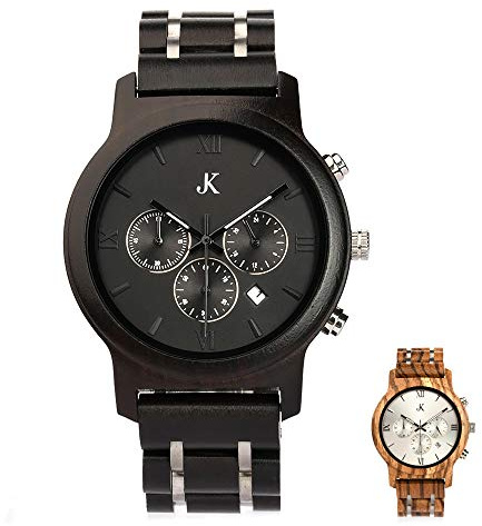 Kim Johanson Herren Holz-Edelstahl Armbanduhr *Air Force* in Hellbraun & Dunkelbraun Chronograph mit Einem Gliederarmband Handgefertigt Quarz Analog Uhr inkl. Geschenkbox