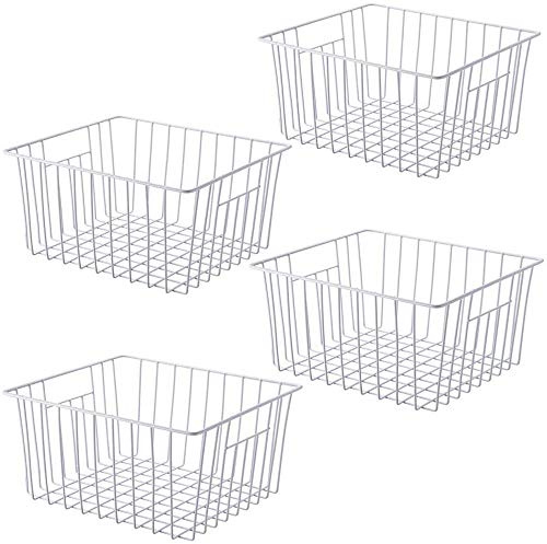 SANNO Aufbewahrungskorb 26cm x 28cm x14 4er set, Kühlschrank Organizer, aus Eisen mit Plastikschutzschicht, weiss, mit eingebautem Griff