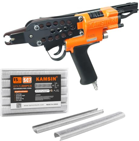 Kamsin K-SC7E Kit de pistolet pneumatique à long nez de calibre 15 – Agrafeuse à anneau en C de 1,9 cm avec 1000 agrafes (fermeture de 7 à 8 mm) – Alimenté par air pour cages métalliques, clôtures