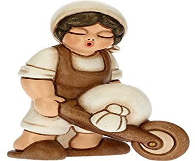 THUN - Statuina Presepe Uomo con Carriola - Decorazioni Natale Casa - Linea Presepe Classico, Variante Bianca - Ceramica - 6 x 4 x 8 h cm