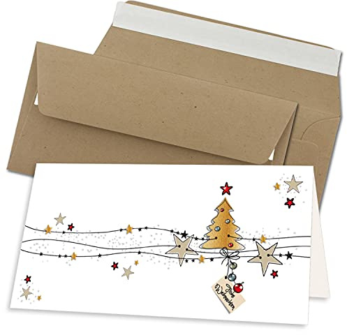 10x Weihnachtskarten-Set DIN Lang in Weiß mit Weihnachtsbaum und Sternen - Faltkarten mit Umschlägen DIN Lang Kraftpapier Sandbraun mit Haftklebung - Weihnachtsgrüße für Firmen und Privat