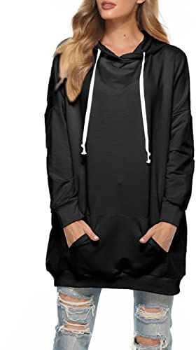 Famulily Hoodie Kleid Damen Lang Kuschelpullover Oversize Winter Pullover Frauen Scharze L