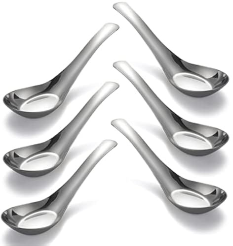 Set of 6 Mirror Polished Stainless Steel Chinese Soup Spoons for Broth, Dessert, Cereals, Miso, Ramen