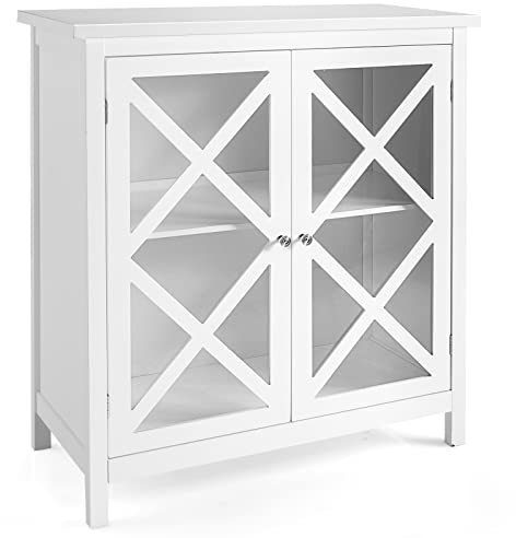 COSTWAY Buffet Sideboard, 2 Glass Door Wooden Storage Cabinet with Adjustable Shelf, Console Cupboard Display Organiser Unit for Home Kitchen Living Room (Rectilinear Pattern, White)