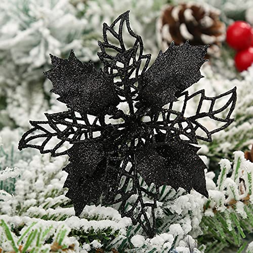 12x 9cm Glitzer Weihnachten Baumschmuck Weihnachtsanhänger Weihnachtsbaum Deko,Künstliche Weihnachtsstern Blumen Deko,Weihnachtsbaumschmuck Ornament,Christbaumschmuck,Weihnachtsdeko Anhänger,Schwarz