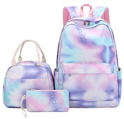 NICOLE & DORIS Sac à Dos Scolaires Fille Cartable pour Fille Adolescent Sac D'école Primaire Sacs Scolaires Galaxy Sac à Dos Set de 3 Pieces Sac Ecole avec Trousse et Sac Isotherme Bleu