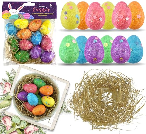 12PCs Easter Glitter Eggs with Grass 4cm/1.6 - Multicolour Eggs and Raffia Grass for Basket Filler Decorations, Colourful Glitter Foam Easter Eggs for Home Crafts Decoration