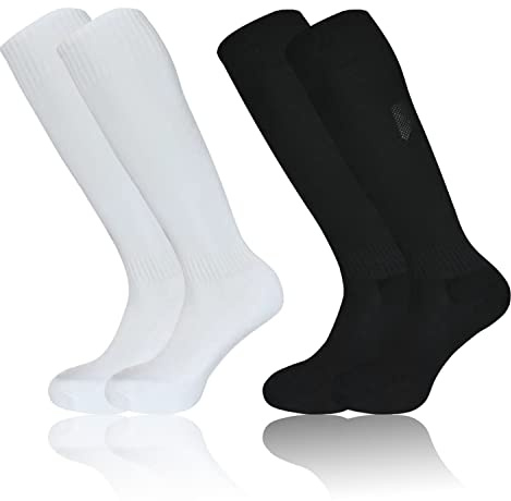 lvzhen 2 Pairs Kids Football Socks, Nonslip Football Socks Boys Girls Long Soccer Sock Sport Training Rugby Hockey Socks for Children Teenagers Ages 5~12 (UK, Age, 5 Years, 12 Years, White, Black)