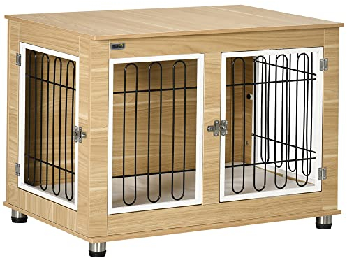 PawHut Hundekäfig Möbel mit 2 Türen Kissen 2 Verriegelungen Metall Hundebox für Zuhause Indoor Hundehütte für große Hunde bis zu 25 kg Beistelltisch Hundehaus 90 x 58 x 65 cm Eiche