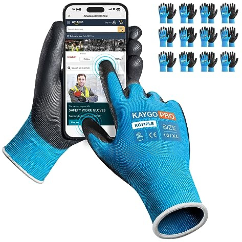 KAYGO 12 Paar Arbeitshandschuhe Touchscreen PU beschichtet, KG11PLE | Schutzhandschuhe, antirutsch Griff an Handflächen und Fingern, Geeignet für DIY Lager Gartenarbeit (Blau, XL, Gr 10)