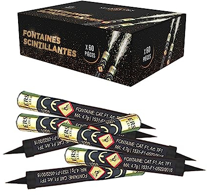 SPARKLERS CLUB Lot de 60 Fontaines à Gateaux Scintillantes durée 60 Secondes pour Gateaux et Bouteilles de Champagne, Bougie lumineuse d'ambiance pour anniversaire 1 Minute - Catégorie F1 Noir/Or