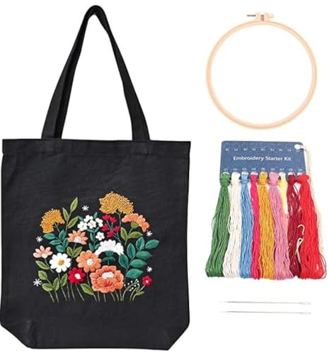 Teaque DIY Ricamo Borsa in Tela, con Motivi Floreali kit per punto croce per adulti, kit per ricamo a punto croce con motivo per principianti, Kit da Ricamo a Mano per Amanti Dell'artigianato （Nero）