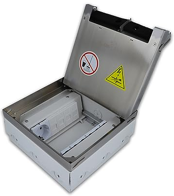 Edelstahl Bodentank Bodendose IP20 bestückt 4 VDE Schuko Steckdosen + 4 Netzwerkdosen LAN Dosen Datendose Einbaufertig Fußbodendose Steckdosenbox Deckel versenkbar trocken Hohlböden Luxus-Time