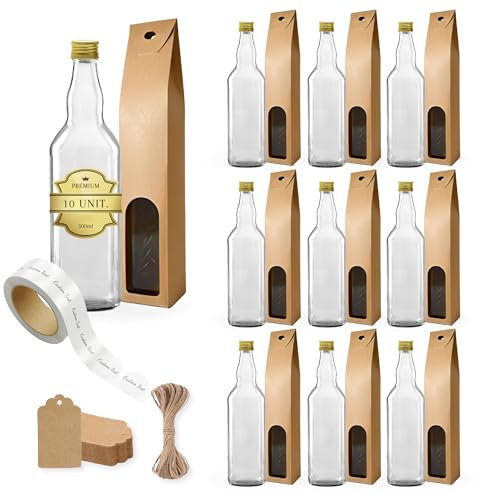 10x Bouteilles en Verre 500ml avec Bouchon en Liège + 10 Boîtes + 10 Étiquettes Autocollantes + 10 Étiquettes Kraft + Ficelle - Pour Rhum, Whiskey, Gin, Tequila, Liqueurs - Souvenirs, Cocktails