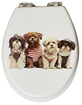 Amari Bargains Toilet Seat – Soft Close Toilet Seat with Quick Release – 3D & White MDF Wooden Toilet Seats with Adjustable Hinges, Easy Top Fixing (Dog Family)