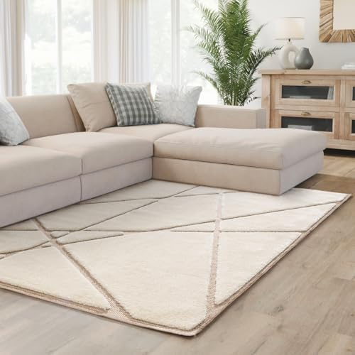 Interiyou Tapis Salon Verona - 200x300 Crème/Beige - Poils Longs avec Effet 3D - Motif géométrique - Intérieur pour Chambre, Bureau, Couloir - Facile à Entretenir