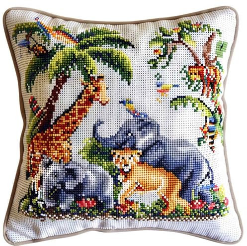 kitphoenix Knüpfkissen Set, Latch Hook Kissen Kit Tier Elefant Tiger Löwefür Kinder Oder Anfänger Erwachsene Zum Selber Knüpfen, Diy Knüpfteppich Knüpfpackung, Knüpfhaken Set 43 X 43 Cm