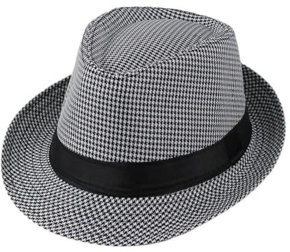 FULUJIDI Fedora Trilby Filzhut Hut Leinen Tuch Panama Solid Jazz Hut Cowboy Männer Sonnenhut Eimer Hut Für Männer Gitter-Schwarz Weiß