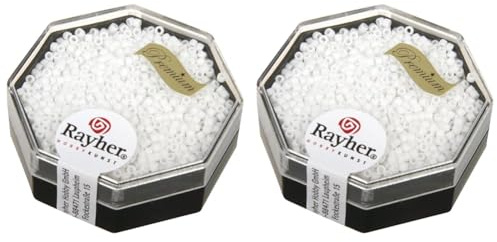 Rayher 14764100 Delica-Rocailles, 1,6 mm Durchmesser, Dose 6 g, schneeweiß (Packung mit 2)