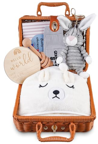 Baby Geburt Geschenk Personalisiert Jungen und Mädchen Neugeborenen Geschenk Set mit Babydecken, Plüschtiere, Rassel Spielzeug, Socken, Gruß, Geschenkboxen Körbe