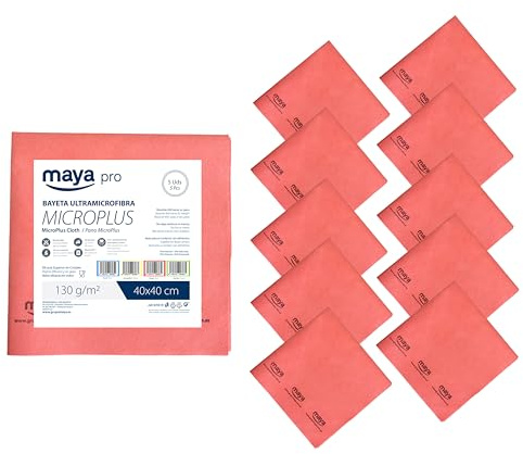 Maya - Bayetas de Microfibra para Limpieza de Vajillas/Cristales y Multisuperficies sin Dejar Rayas | 40x40 cm | Rollo de 5 Paños Microplus Absorbentes para Cocina (Rojo)