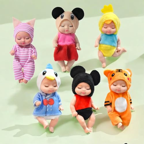 SQAQS 6 Pcs Mini Reborn Dolls, Mini Silicone Baby Doll Tiny with Animal Clothes, Lifelike Tiny Sleeping Rebirth Dolls 4.3 Inch, Realistic Newborn Baby Doll for Girls Boys Kids Gift (animation)